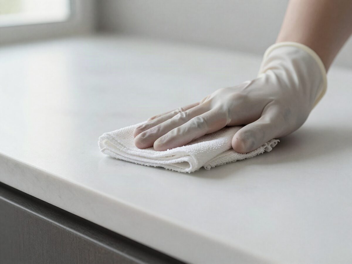 Comptoir de cuisine en marbre essuyé avec un chiffon en microfibre