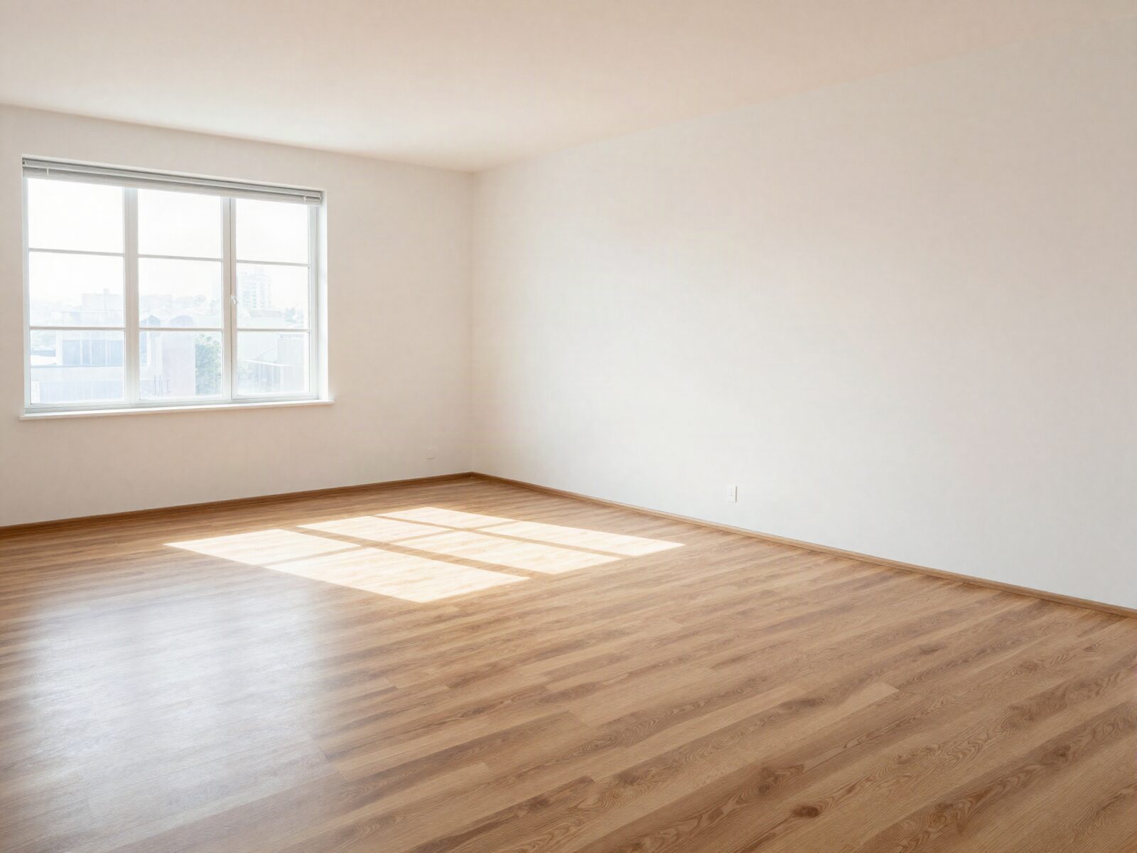 Appartement vide fraîchement nettoyé, planchers de bois et murs blancs