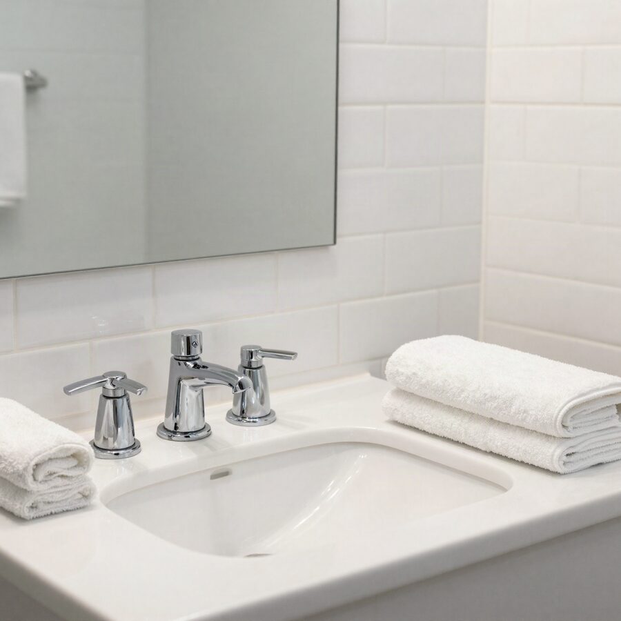 Salle de bain nettoyée avec serviettes pliées